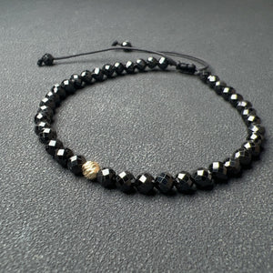 Handmade Top-grade Faceted Black Tourmaline Bracelet with 18K Yellow Gold Bead | Natural Healing Crystal Jewelry
