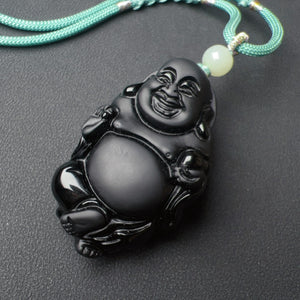 Top-grade Black Obsidian Happy Maitreya Buddha Pendant Necklace - Handmade Men's Women's Protection Jewelry NK310