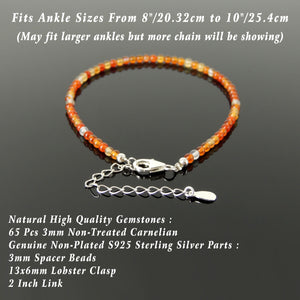 Handmade Adjustable Clasp Anklet - Men's Women's Meditation, Yoga Jewelry with 3mm Carnelian Multicolor Healing Gemstones, Genuine S925 Sterling Silver Parts (Non-Plated) AN028