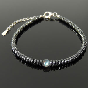 Handmade Adjustable Clasp Anklet - Men's Women's Meditation, Yoga Jewelry with Faceted Hematite, High Grade 5A Labradorite Healing Crystals, Genuine S925 Sterling Silver Parts (Non-Plated) AN031