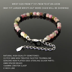 5mm Faceted Multi-color Tourmaline Healing Gemstone Bracelet with S925 Sterling Silver Chain & Clasp - Handmade by Gem & Silver BR1216