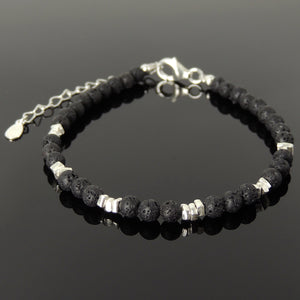 4mm Lava Rock Healing Stone Bracelet with S925 Sterling Silver Nugget Beads, Chain, & Clasp - Handmade by Gem & Silver BR1266
