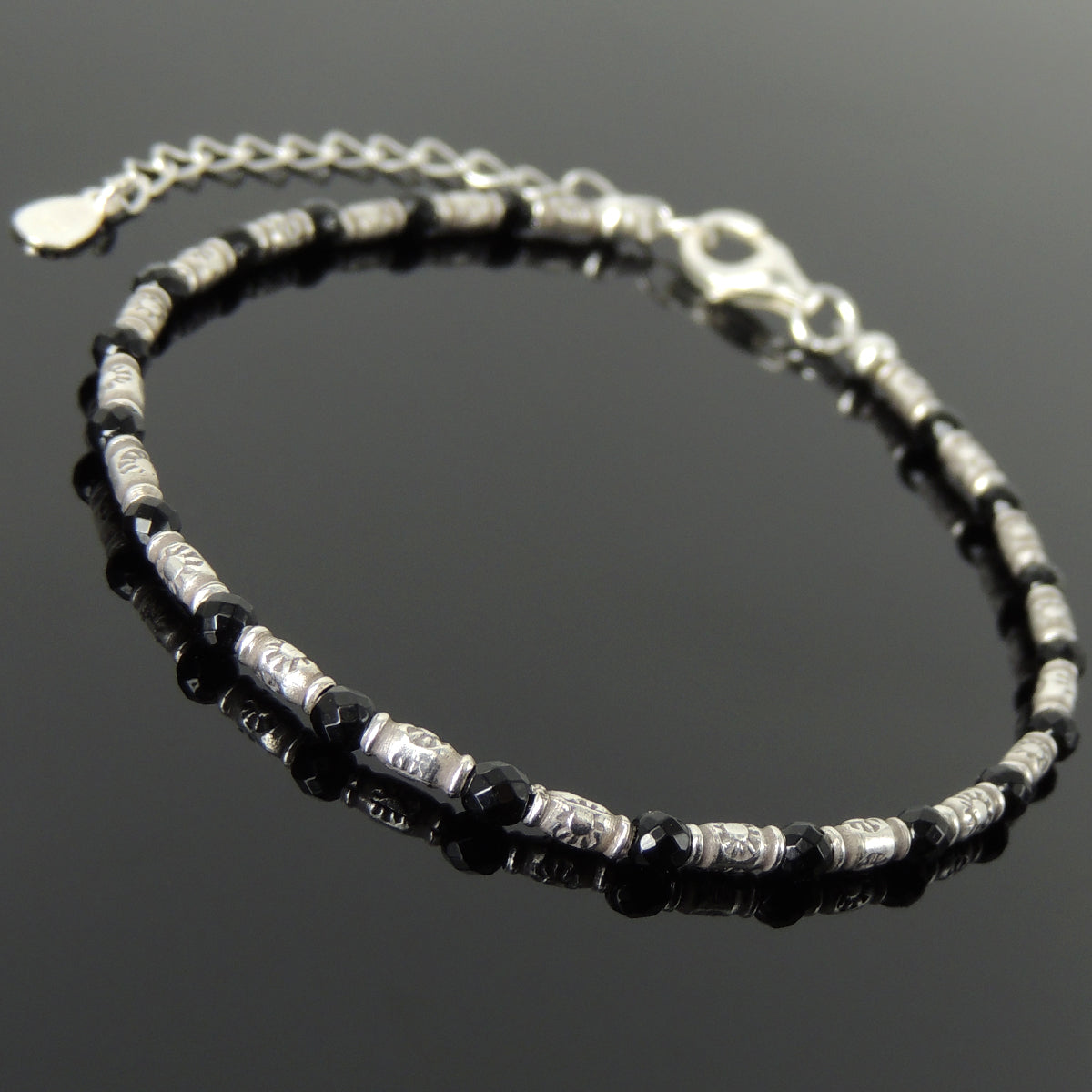 3mm Faceted Black Onyx Healing Gemstone Bracelet with S925 Sterling Silver Vintage Sun Barrel Beads & Clasp - Handmade by Gem & Silver BR1299