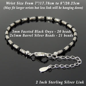 3mm Faceted Black Onyx Healing Gemstone Bracelet with S925 Sterling Silver Vintage Sun Barrel Beads & Clasp - Handmade by Gem & Silver BR1299