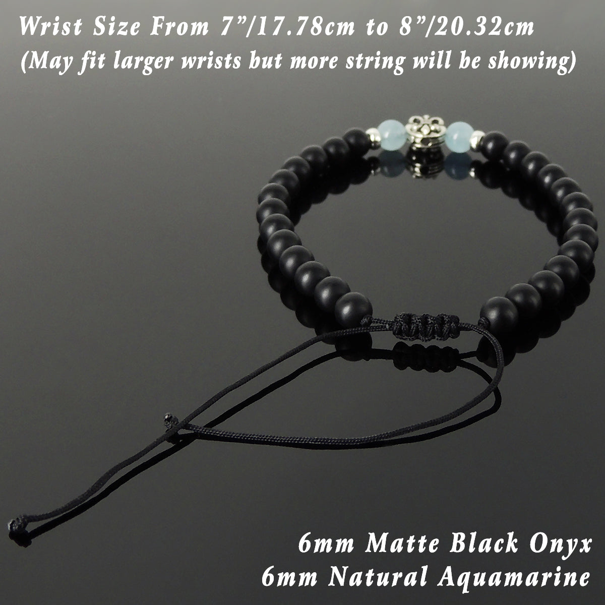 6mm Aquamarine & Matte Black Onyx Adjustable Braided Bracelet with S925 Sterling Silver Fleur de Lis Bead - Handmade by Gem & Silver BR1338