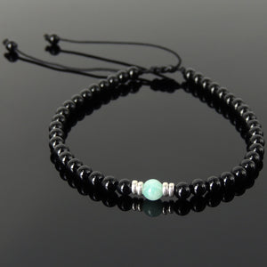 Amazonite & Bright Black Onyx Adjustable Braided Bracelet with S925 Sterling Silver Spacers - Handmade by Gem & Silver BR1340