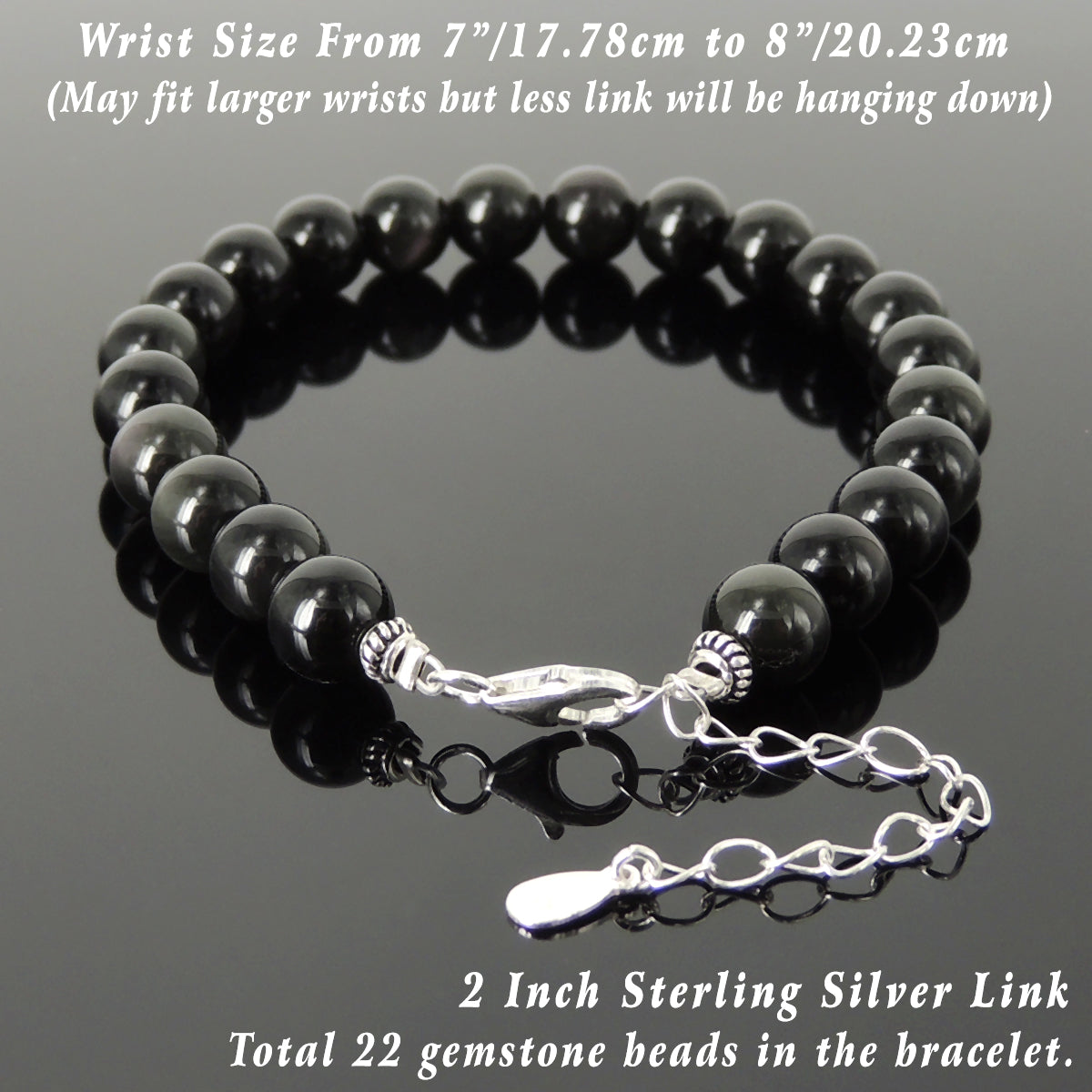 8mm Rainbow Black Obsidian Healing Gemstone Bracelet with S925 Sterling Silver Beads, Chain, & Clasp - Handmade by Gem & Silver BR1353