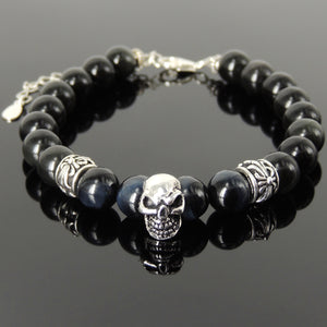 8mm Blue Tiger Eye & Rainbow Black Obsidian Healing Gemstone Bracelet with S925 Sterling Silver Gothic Skull & Cross Charms Chain & Clasp - Handmade by Gem & Silver BR1374