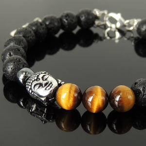 Grade 3A Brown Tiger Eye, Lava Rock, & Hematite Healing Stone Bracelet with S925 Sterling Silver Guanyin Buddha, Chain, & Clasp - Handmade by Gem & Silver BR1394