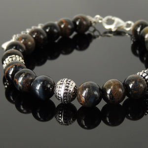 Yoga Pilates Wellness Energy Bracelet with Rare Mixed Blue Tiger Eye Healing 8mm Gemstone Tarot Crystals & Genuine S925 Sterling Silver Parts - BR1495