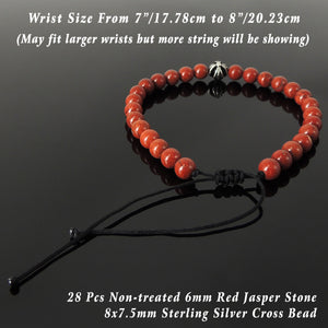 Handmade Braided Healing Gemstone Diffuser Bracelet - 6mm Red Jasper, Genuine S925 Sterling Silver Cross Bead, Adjustable Drawstring BR1648