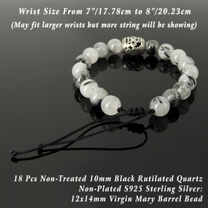 Prayer Gemstone Jewelry Handmade Braided Bracelet - Mens Womens Spiritual, Casual Wear with 10mm Black Rutilated Quartz, Adjustable Drawstring, S925 Sterling Silver Virgin Mary Barrel Bead BR1703