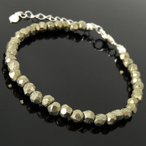 Handmade Natural Healing Gemstones Bracelet - Men's Womens Yoga & Pilates Wellness, Faceted Gold Pyrite (Fool's Gold), 5mm Beads with Elegant Metallic Luster, Sterling Silver, Chain, Clasp BR1712