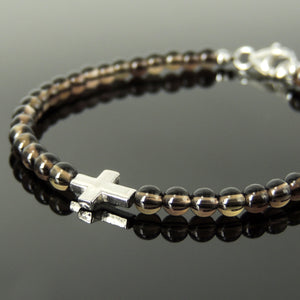 Handmade Cross Bead Natural Healing Gemstones Bracelet - Men's Women's Prayer, Meditation with Smoky Crystal Quartz 4mm Beads, S925 Sterling Silver, Chain, Clasp BR1713