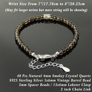 Handmade Natural Healing Gemstones Bracelet - Men's Women's Vintage, Healing with Smoky Crystal Quartz 4mm Beads, S925 Sterling Silver Barrel Bead, Chain, Clasp BR1714
