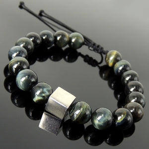 Handmade Braided Bracelet Energy Balance Cube - Mens Womens Protection, Casual Wear with 10mm Brown Blue Tiger Eye Gemstone, Adjustable Drawstring, S925 Sterling Silver Bead BR1722