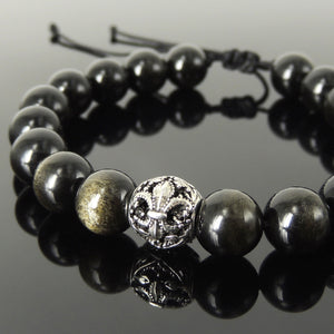 French Fleur de Lis Gemstone Jewelry - Men's Women's Handmade Braided Bracelet Protection, Mental Awareness, Casual Wear with 10mm Golden Obsidian, Adjustable Drawstring, S925 Sterling Silver Charm Bead BR1737