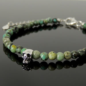 4mm African Green Turquoise Healing Gemstone Bracelet with S925 Sterling Silver Small Protection Skull Bead, Chain, & Clasp - Handmade by Gem & Silver BR1781