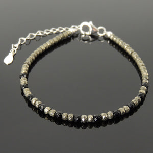 Handmade Adjustable Clasp Bracelet - Men's Women's Custom Design, Protection with Faceted Gold Pyrite, Bright Black Onyx Healing Gemstones, Genuine S925 Sterling Silver Chain BR1784