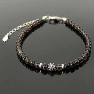 4mm Smoky Quartz Healing Gemstone Bracelet with S925 Sterling Silver Small Protection Cross Bead, Chain, & Clasp - Handmade by Gem & Silver BR1789