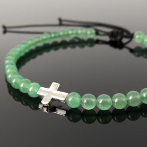 Handmade Adjustable Braided Bracelet - Men's Women's Cross Jewelry, Protection, Courage with 4mm Aventurine Quartz Healing Crystal, Genuine Non-Plated 925 Sterling Silver Beads BR1819