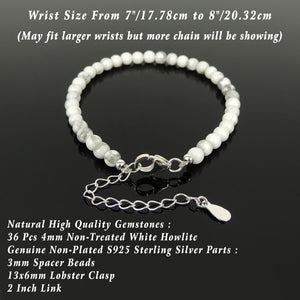 Handmade Adjustable Clasp Meditation Bracelet - Men's Women's Yoga Jewelry with 4mm Marbled White Howlite Healing Gemstones, Genuine S925 Sterling Silver Parts (Non-Plated) BR1843