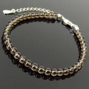 Handmade Adjustable Chain Bracelet - Men's Women's Yoga Jewelry with 4.2mm Smoky Quartz Healing Crystals, Genuine S925 Sterling Silver Parts (Non-Plated) BR1844