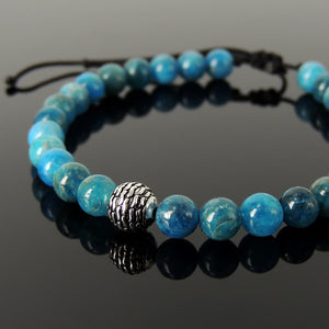 Natural Healing Apatite Crystals, Handmade Adjustable Meditation & Energy Purifier Bracelet - Men's Women's Tai Chi, Meditation, Enlightenment, Protection with 6mm Beads, Genuine Non-Plated Sterling Silver Stone Pattern Bead BR1861