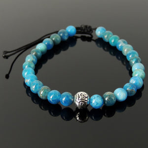 Natural Healing Apatite Crystals, Handmade Adjustable Meditation & Energy Purifier Bracelet - Men's Women's Sacred Aum Om Meditation, Enlightenment, Protection with 6mm Beads, Genuine Non-Plated Sterling Silver BR1862