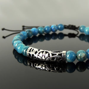 Natural Healing Apatite Crystals, Handmade Adjustable Meditation & Energy Purifier Bracelet - Men's Women's Tai Chi, Meditation, Enlightenment, Protection with 6mm Beads, Genuine Non-Plated Sterling Silver Lotus Flower Charm BR1863