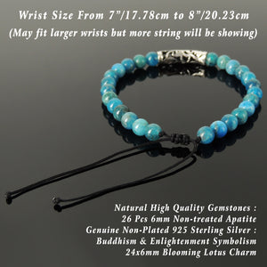 Natural Healing Apatite Crystals, Handmade Adjustable Meditation & Energy Purifier Bracelet - Men's Women's Tai Chi, Meditation, Enlightenment, Protection with 6mm Beads, Genuine Non-Plated Sterling Silver Lotus Flower Charm BR1863