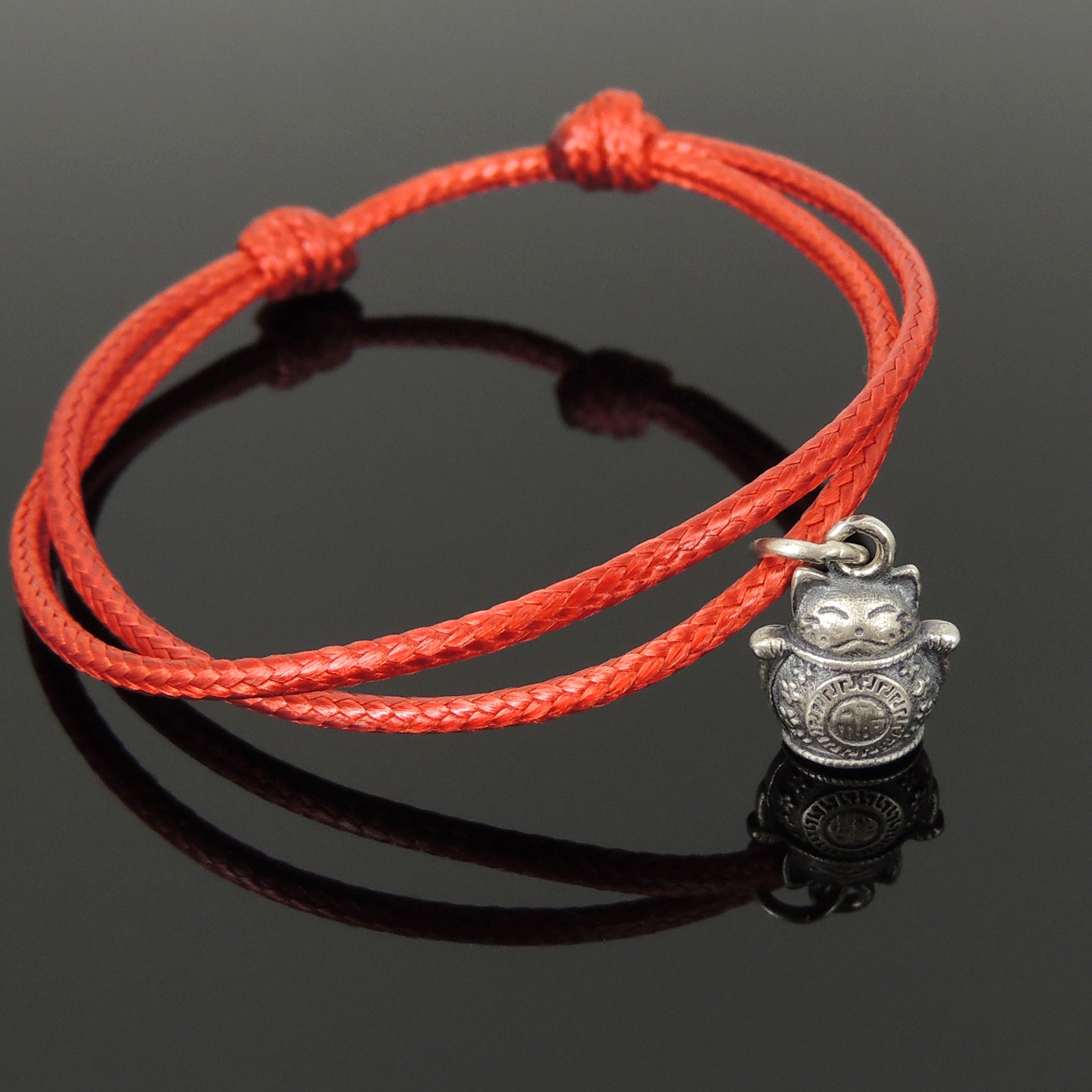 Red Wax Rope Bracelet | Maneki Neko Charm | Double-sided Lucky Cat with Chinese Calligraphy Symbols | "Blessing" & "Attraction of Wealth" | Unplated Genuine 925 Sterling Silver
