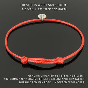 Elegant Red Wax Rope Charm Bracelet | Chinese Calligraphy Symbol 禅 "Zen" | Unplated Genuine 925 Sterling Silver
