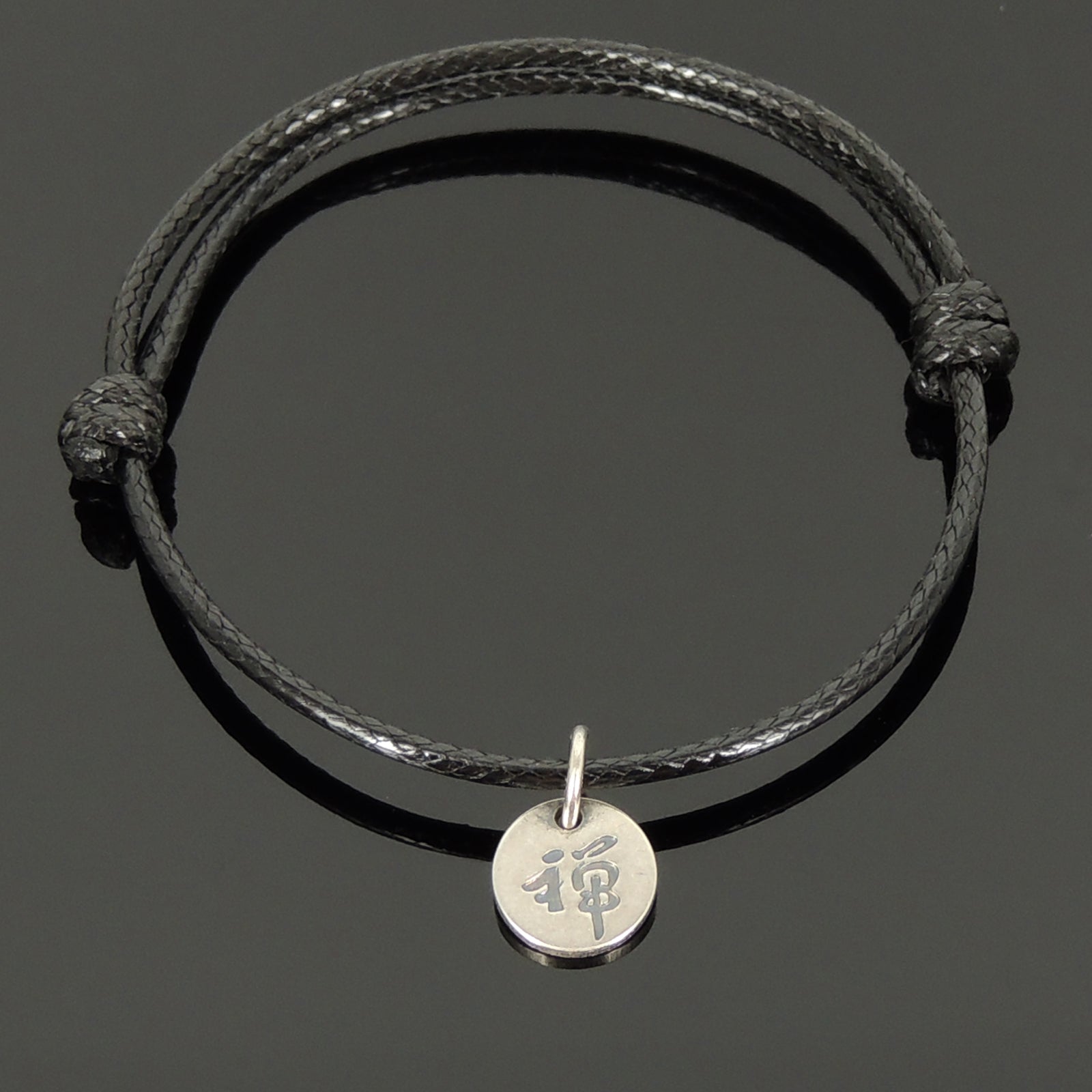 Black Wax Rope Charm Bracelet | Chinese Calligraphy Symbol 禅 "Zen" | Unplated Genuine 925 Sterling Silver