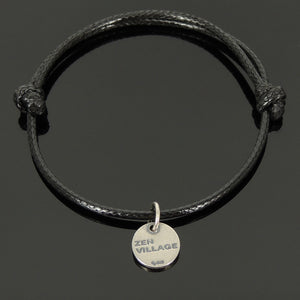 Black Wax Rope Charm Bracelet | Chinese Calligraphy Symbol 禅 "Zen" | Unplated Genuine 925 Sterling Silver