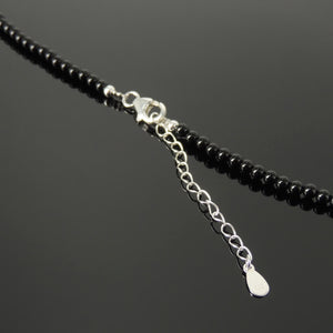 Handmade Adjustable Chain Gemstone Necklace - Men's Women's Casual Wear, Protection with Healing Natural Bright Black Onyx 3mm Beads, Genuine Non-Plated S925 Sterling Silver Clasp NK253