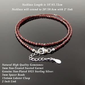 Handmade Healing Natural Garnet Crystal Necklace - Men's Women's Daily Wear, Awareness with 3mm Faceted Beads, Genuine Non-Plated S925 Sterling Silver Adjustable Chain & Clasp NK258