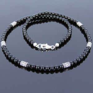 4mm Bright Black Onyx Healing Gemstone Necklace with S925 Sterling Silver Barrel Beads & Clasp - Handmade by Gem & Silver NK114