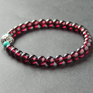 Enhanced Turquoise & Grade AAA Garnet Healing Gemstone Bracelet with S925 Sterling Silver Vintage Protection Bead - Handmade by Gem & Silver BR010