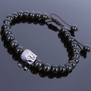 6mm Rainbow Black Obsidian Adjustable Braided Stone Bracelet with Tibetan Silver Sakyamuni Buddha Bead - Handmade by Gem & Silver TSB112