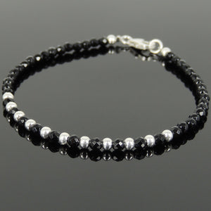 3mm Faceted Bright Black Onyx Healing Gemstone Bracelet with S925 Sterling Silver Spacer Beads & Clasp - Handmade by Gem & Silver BR944
