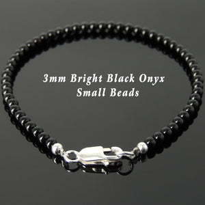 3mm Bright Black Onyx Healing Gemstone Bracelet with S925 Sterling Silver Spacer Beads & Clasp - Handmade by Gem & Silver BR875