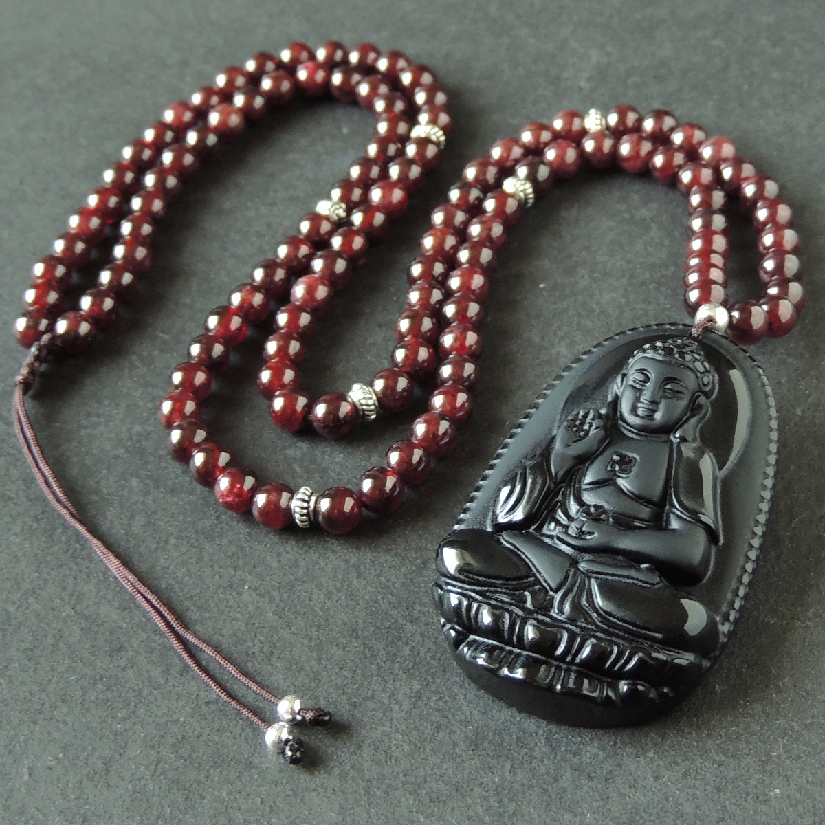 5.5mm Garnet & Black Obsidian Guanyin Buddha Pendant Adjustable Braided Necklace with S925 Sterling Silver Spacer Beads - Handmade by Gem & Silver NK168