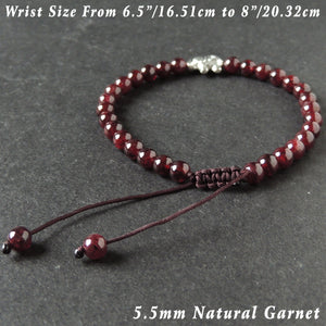 5.5mm Garnet Adjustable Braided Bracelet with Tibetan Silver Elephant Charm - Handmade by Gem & Silver TSB288