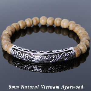 8mm Vietnam Agarwood Bracelet for Prayer & Meditation with S925 Sterling Silver Lucky Lotus Charm - Handmade by Gem & Silver BR910