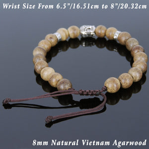 8mm Agarwood Mala Adjustable Bracelet with S925 Sterling Silver Guanyin Buddha Bead & Buddhist Bead Spacers - Handmade by Gem & Silver BR867