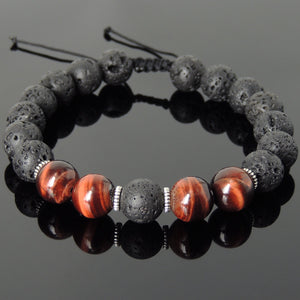 10mm Red Tiger Eye & Lava Rock Adjustable Braided Stone Bracelet with Tibetan Silver Spacers - Handmade by Gem & Silver TSB270