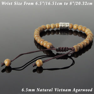6.5mm Agarwood Mala Adjustable Bracelet with S925 Sterling Silver OM Buddhism Charm - Handmade by Gem & Silver BR835
