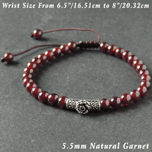 5.5mm Garnet Adjustable Braided Bracelet with S925 Sterling Silver Rose Charm - Handmade by Gem & Silver BR996