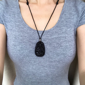 Adjustable Wax Rope Necklace with Black Obsidian Guanyin Buddha Pendant & S925 Sterling Silver OM Meditation Barrel Bead - Handmade by Gem & Silver NK186